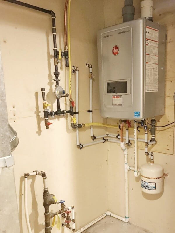 A boiler in a basement.